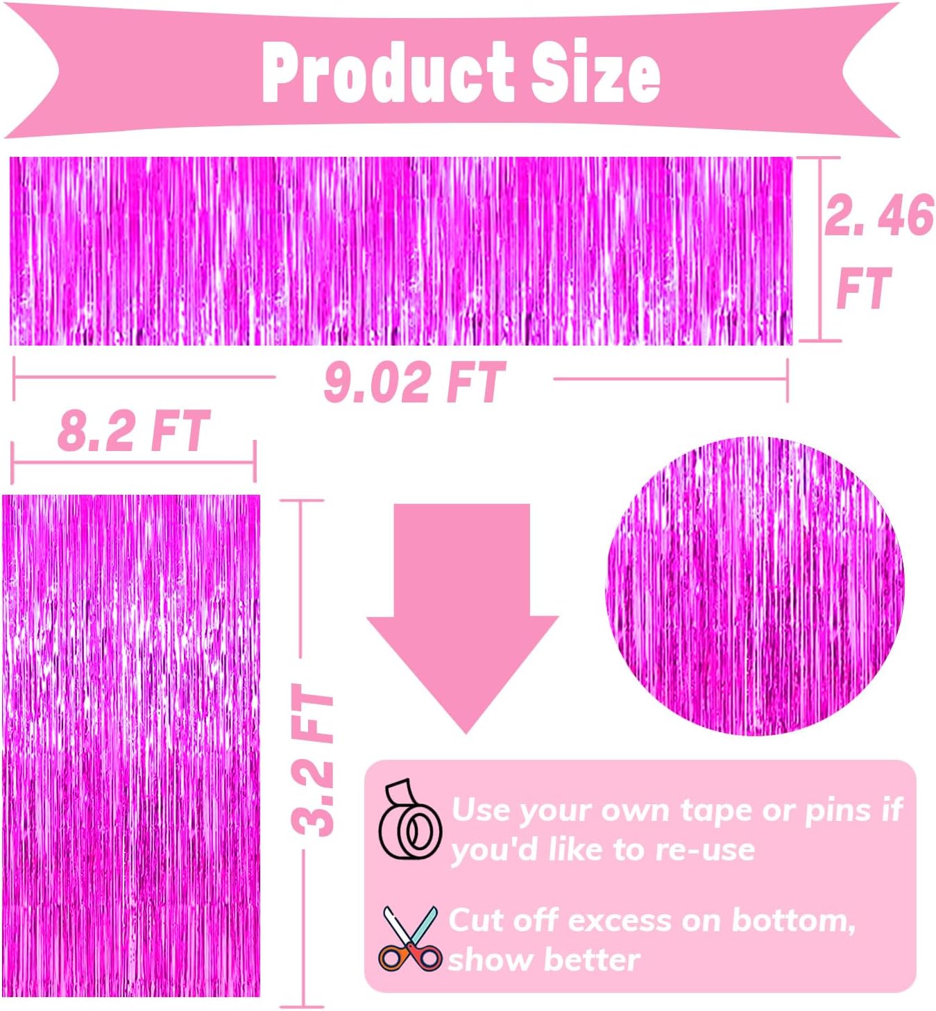 4P Metallic Foil Fringe Tinsel Table Skirts for Rectangle Tables Backdrop Banner Tinsel Streamer Garland Curtains for Parade Floats Wedding Graduation Anniversary Birthday Parties Decoration (Fuchsia)