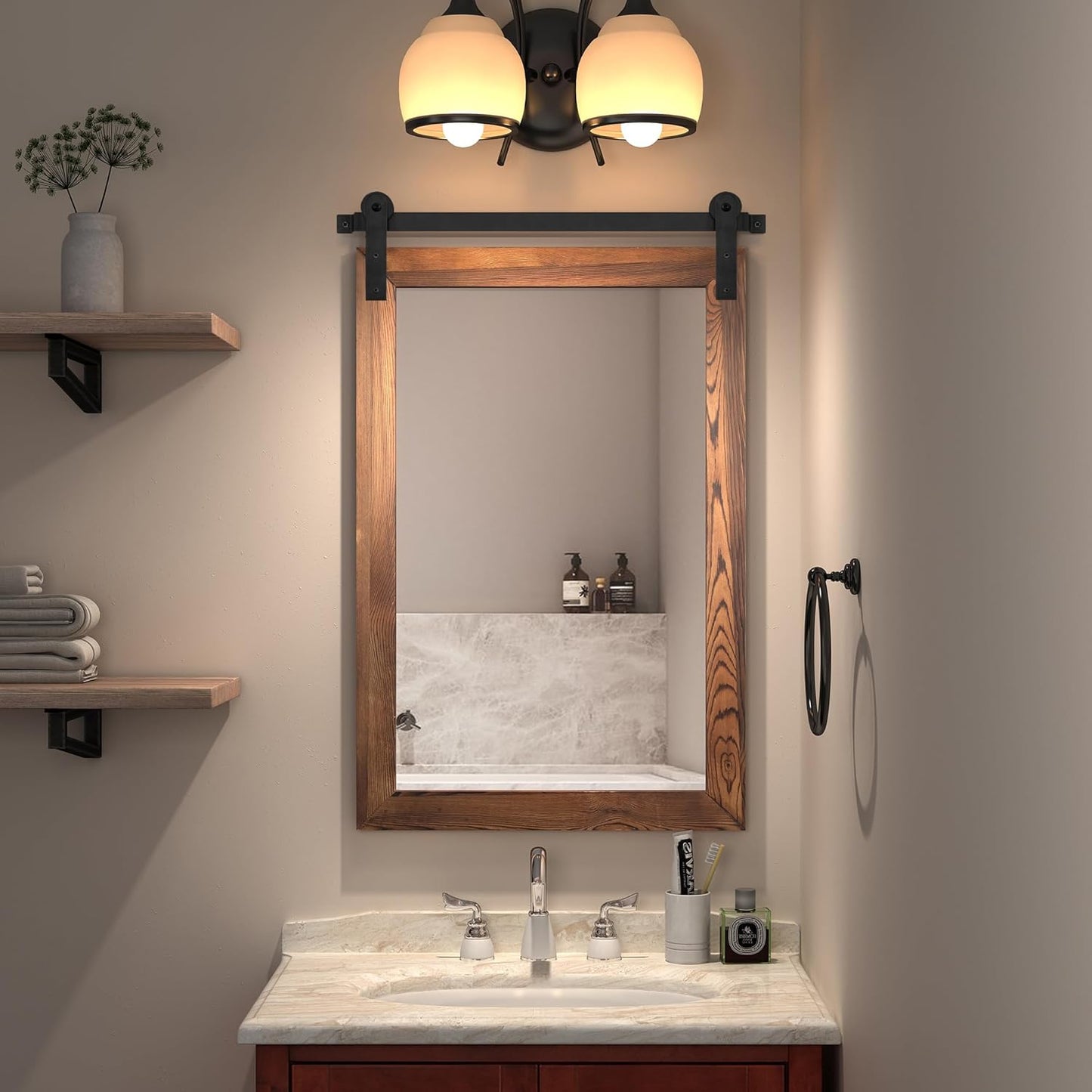 COGOOD Farmhouse Barn Door Mirror - 21 x 30 Rustic Wood Framed Wall Mirror for Bathroom, Living Room, Entryway Wall Decor (Brown)