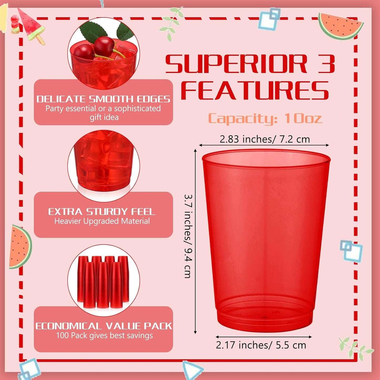 Minatee 100 Count Plastic Cups Disposable Fancy Cups Heavy Duty Wine Cocktail Glasses for Halloween Wedding Christmas Birthday Party Supplies Plastic Drinking Tumblers(Red,10 oz)