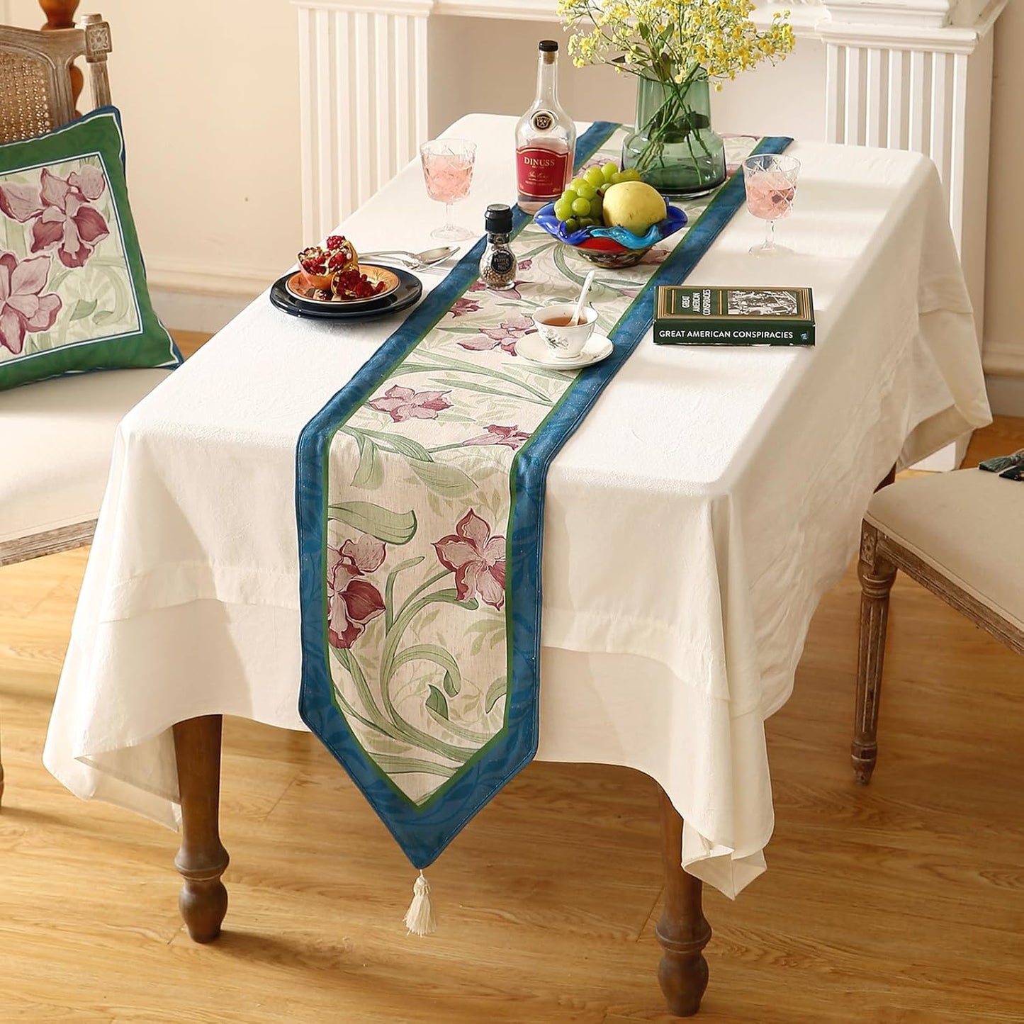 patdrea Designer Elegant Bright Linen Table Runner 102 Inch Long, Mauve Iris Floral Pattern Table Mat, Decoration for Kitchen Dining Table Coffee Table Shelf Cabinet Banquet Christmas ,12"*102"