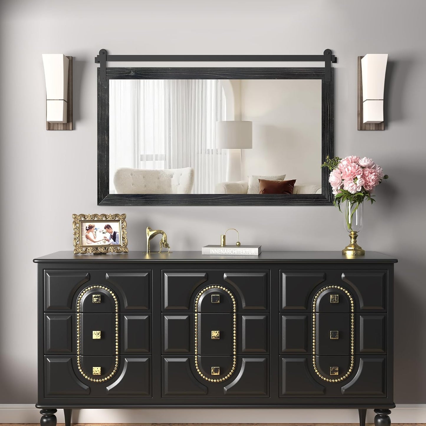 COGOOD Farmhouse Bathroom Mirror - 45 x 30 Large Rectangle Barn Door Mirror for Vanity, Bedroom, Living Room Wall Decor (Black)