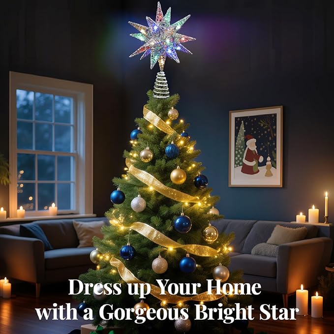 Lewondr Christmas Tree Topper, Plug in 3D Starburst Xmas Lighted Star Tree Topper, Remote Control & Timer Light Up Vintage Moravian Tree Topper for Christmas Decoraiton, Colorful Light, Silver