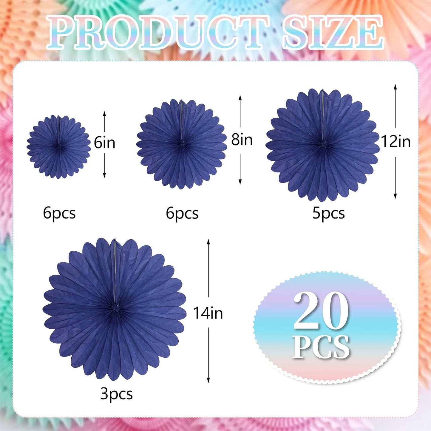 20 Pcs Blue Hanging Paper Fan, Round Paper Fans Decorations Set for Weddings, Birthdays, Engagement, Bridal Shower, Baby Shower Event, Graduation, Party Supplies Decor