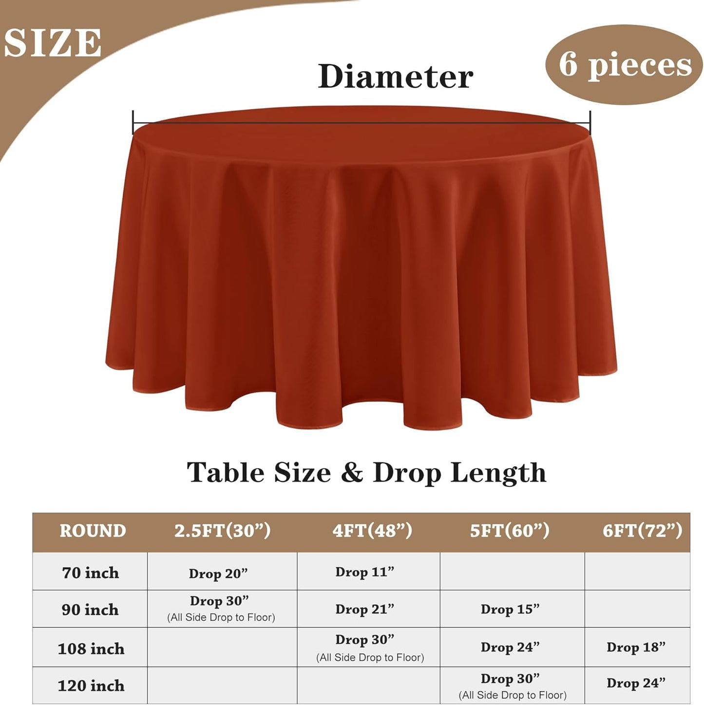 Fitable 6 Pack Rust Round Table Clothes - 90 Inches in Diameter - Stain Resistant and Washable Fall Tablecloths, Polyester Fabric Table Covers for Wedding, Party, Banquet, Gathering