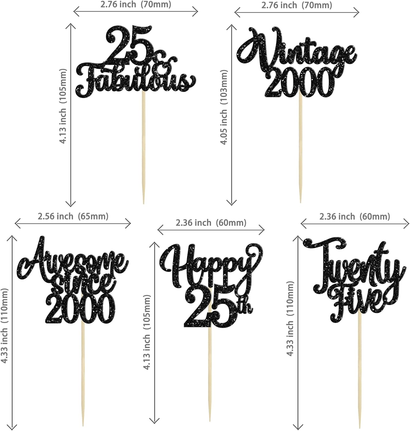 30Pcs Happy 25th Birthday Cupcake Toppers Glitter Awesome Since 2000 Twenty-Five 25 Fabulous Vintage 2000 Cupcake Picks for 25th Birthday Anniversary Retirement Party Cake Decorations Supplies Black
