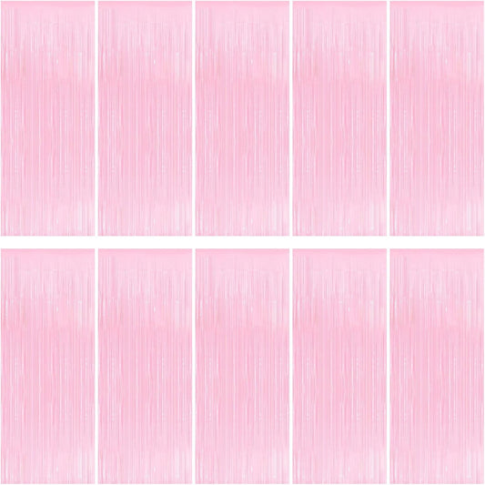 10 Pack Pink Foil Curtain Backdrop 3.2ft x 8.2ft Macaron Tinsel Foil Fringe Curtains Streamer Photo Booth Backdrop for Birthday Party Baby Shower Engagement Wedding Holiday Decoration (Macaron Pink)