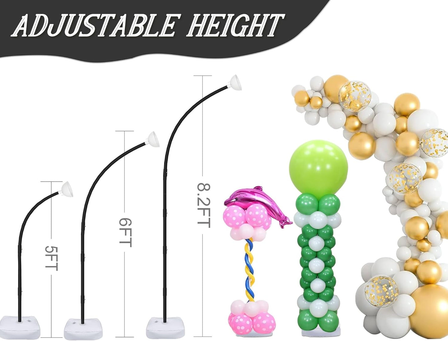 AerWo [Upgraded] Balloon Arch Kit Stand, 8.2ft+6ft Half Arch Balloon Stand with Base, Free Bending Top Balloon Arch Frame Curve for Floor, Perfect Birthday Wedding Halloween Decorations