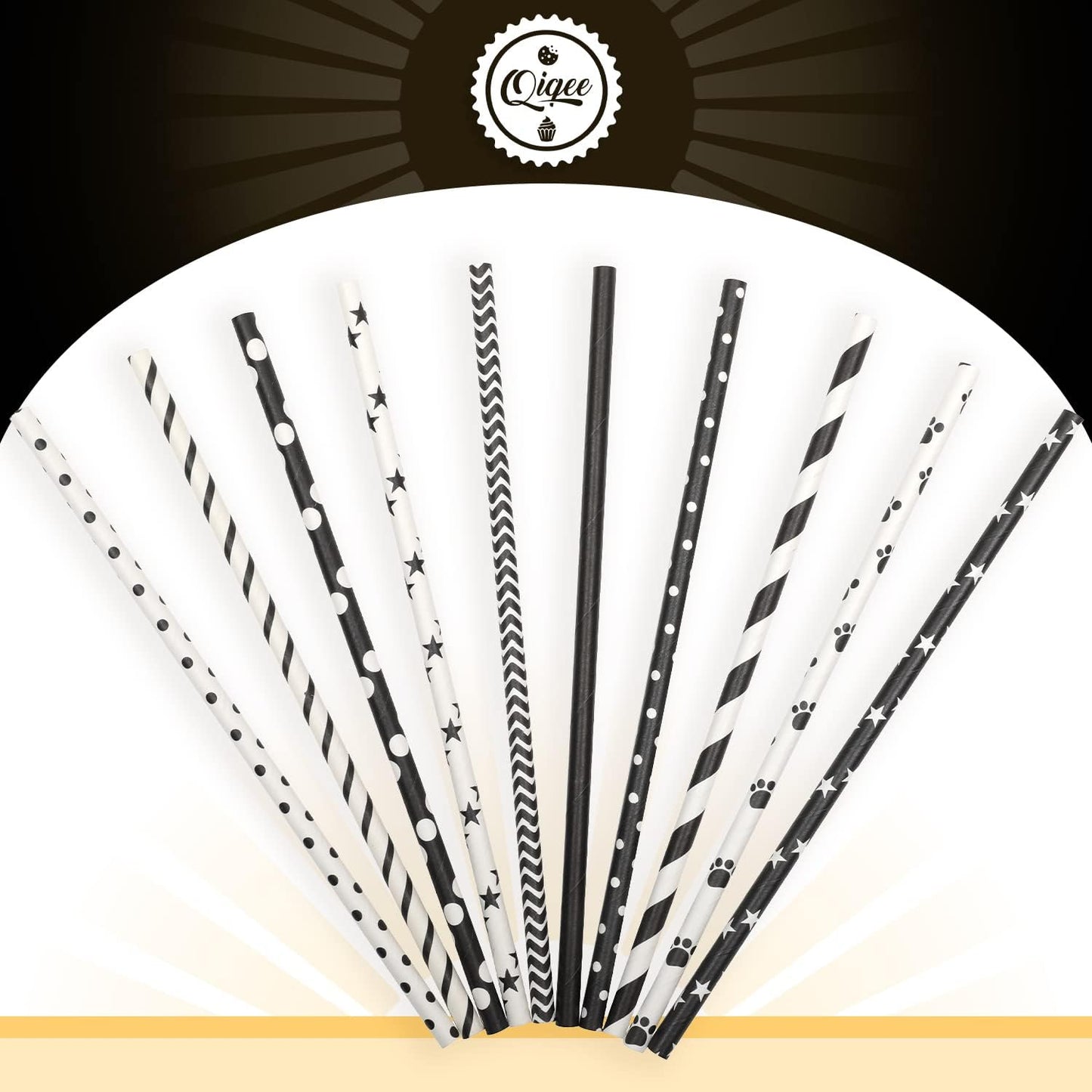 qiqee Black Paper Straws 150pcs Disposable Straws Bulk (10 Black Patterns, Biodegradable, Disposable, 7.75 x 0.25 inches)