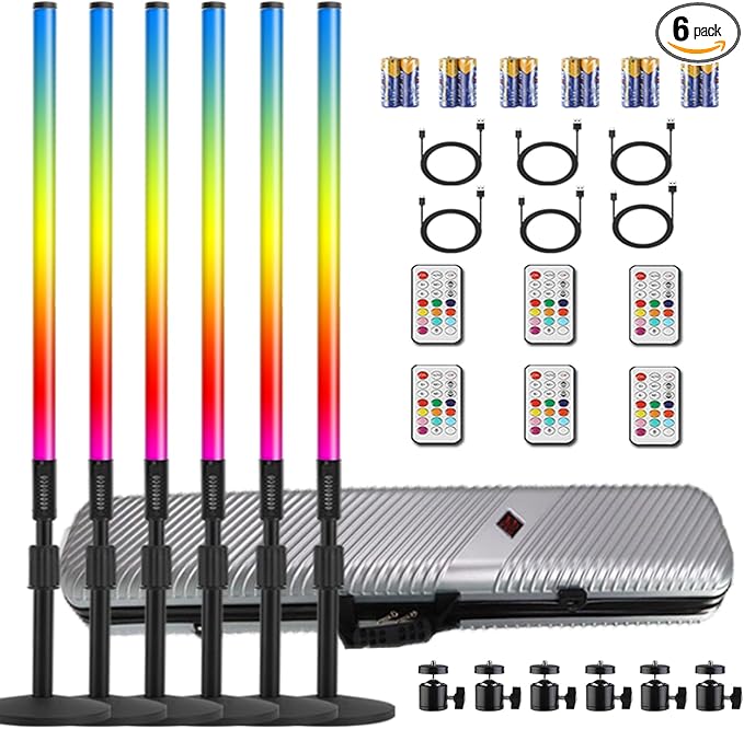 6Pack 4ft Portable 5000mAh Battery Powered RGB Tube Light with Case Handheld Color Neon Lights Bar Stand for LED Video Studio Light Stick Photography DJ Dance Party Stage Photo Booth Lighting