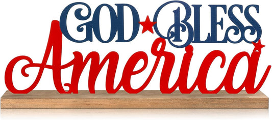 Patriotic God Bless America Metal Sign Rustic Table Decor Holiday Tiered Tray Decor with Wooden Base Freestanding Metal Word Sign for Home Tabletop Centerpiece Mantel Shelf Fireplace