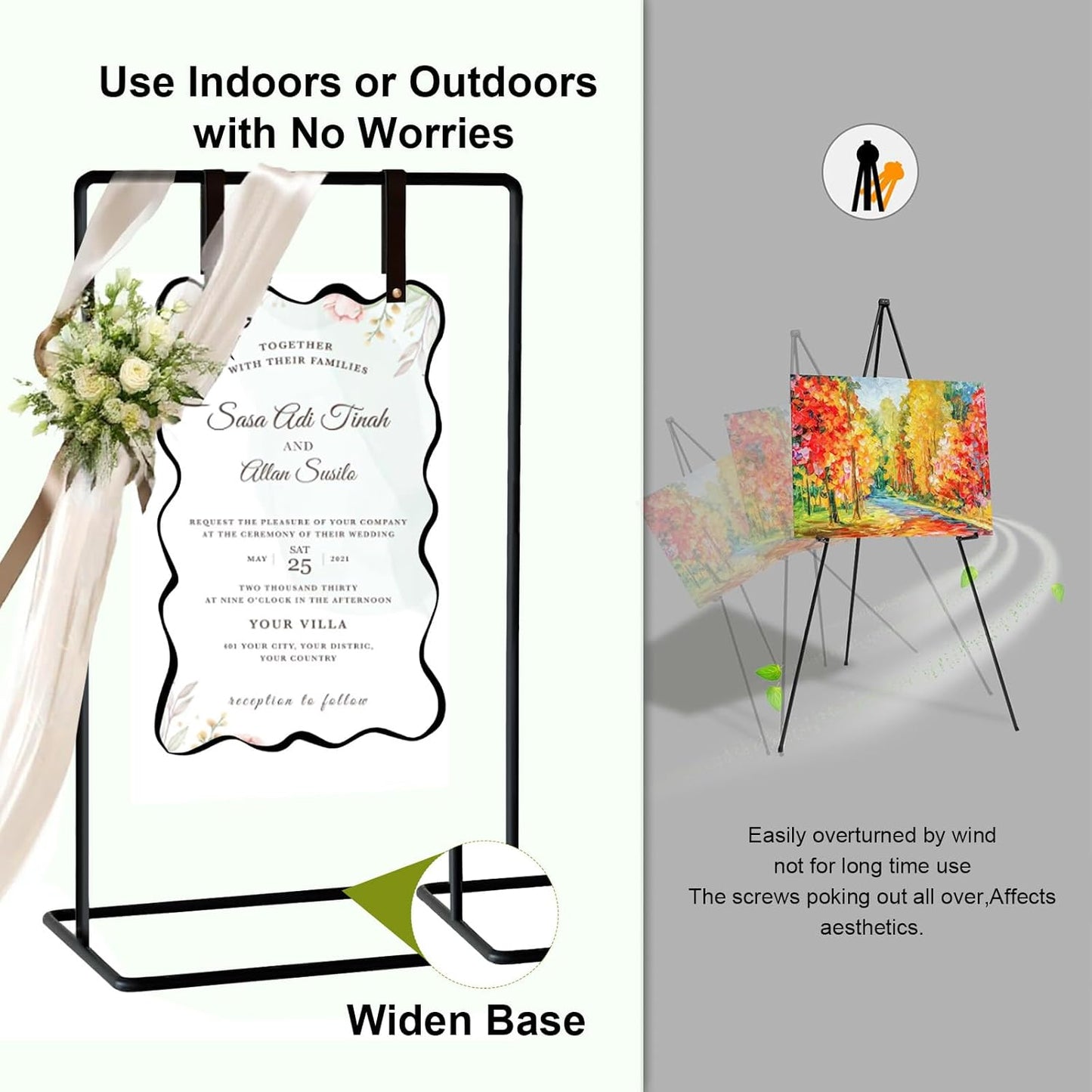 Wedding Welcome Sign Stand, 54" Adjustable Heavy Duty Metal Easel for Welcome Signs, Seating Charts & Posters - Display Holder for Wedding & Event Decor w/Leather Straps