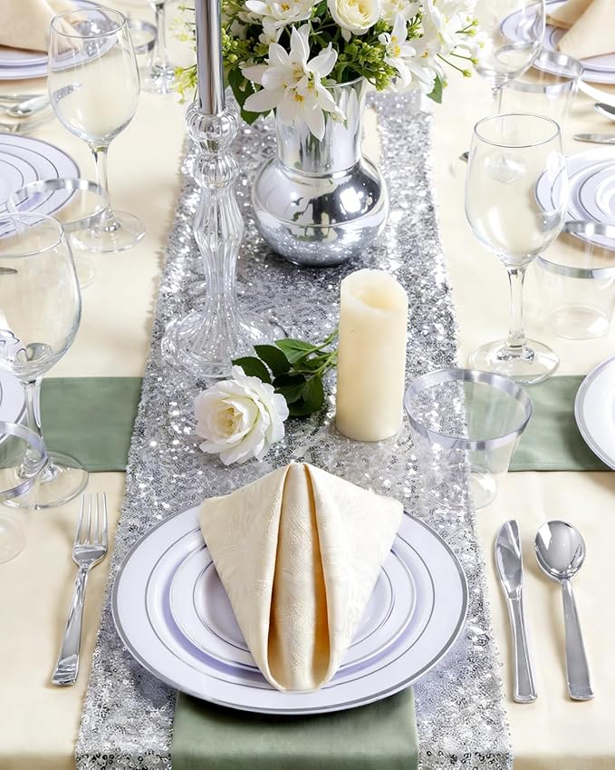GATHER 700PCS Silver Plastic Plates - Silver Disposable Dinnerware Sets 100 Guest Include 200 Plates, 300 SIlverware, 100 Napkins, 100 Cups For Wedding & Party