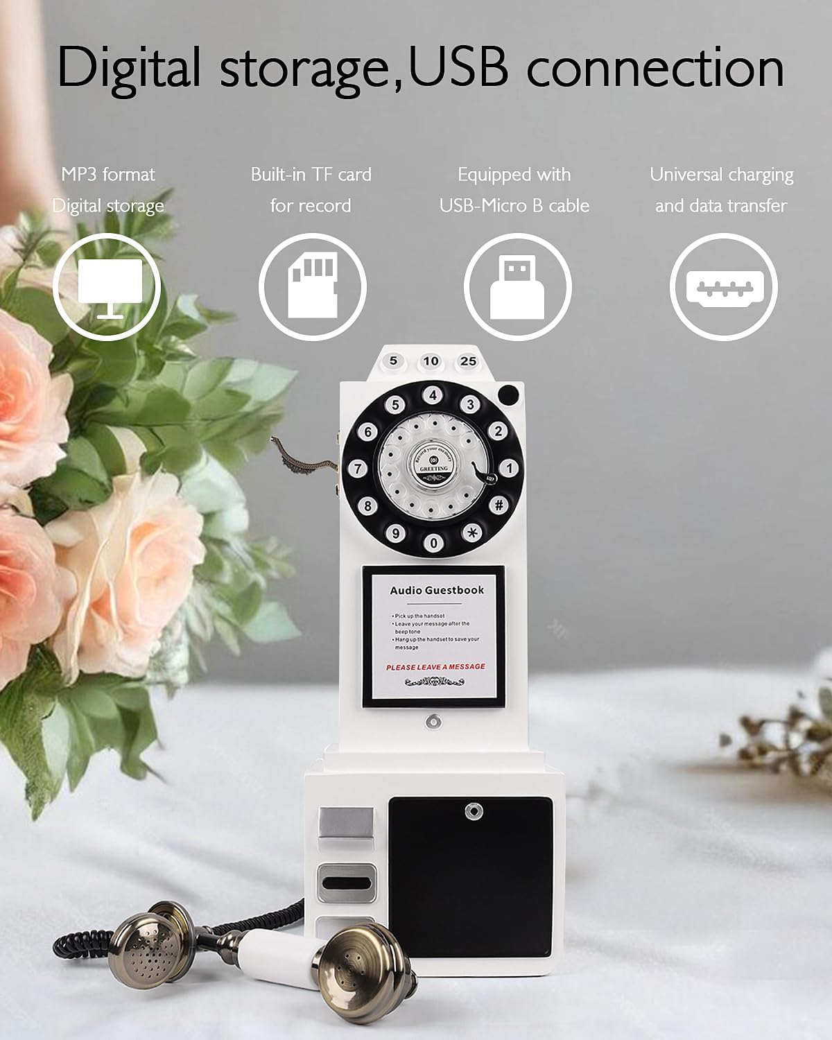 Audio Guest Book Wedding Phone with Vintage Design, Record Customized Audio Message Guest Book for Wedding, Party and Gathering, White
