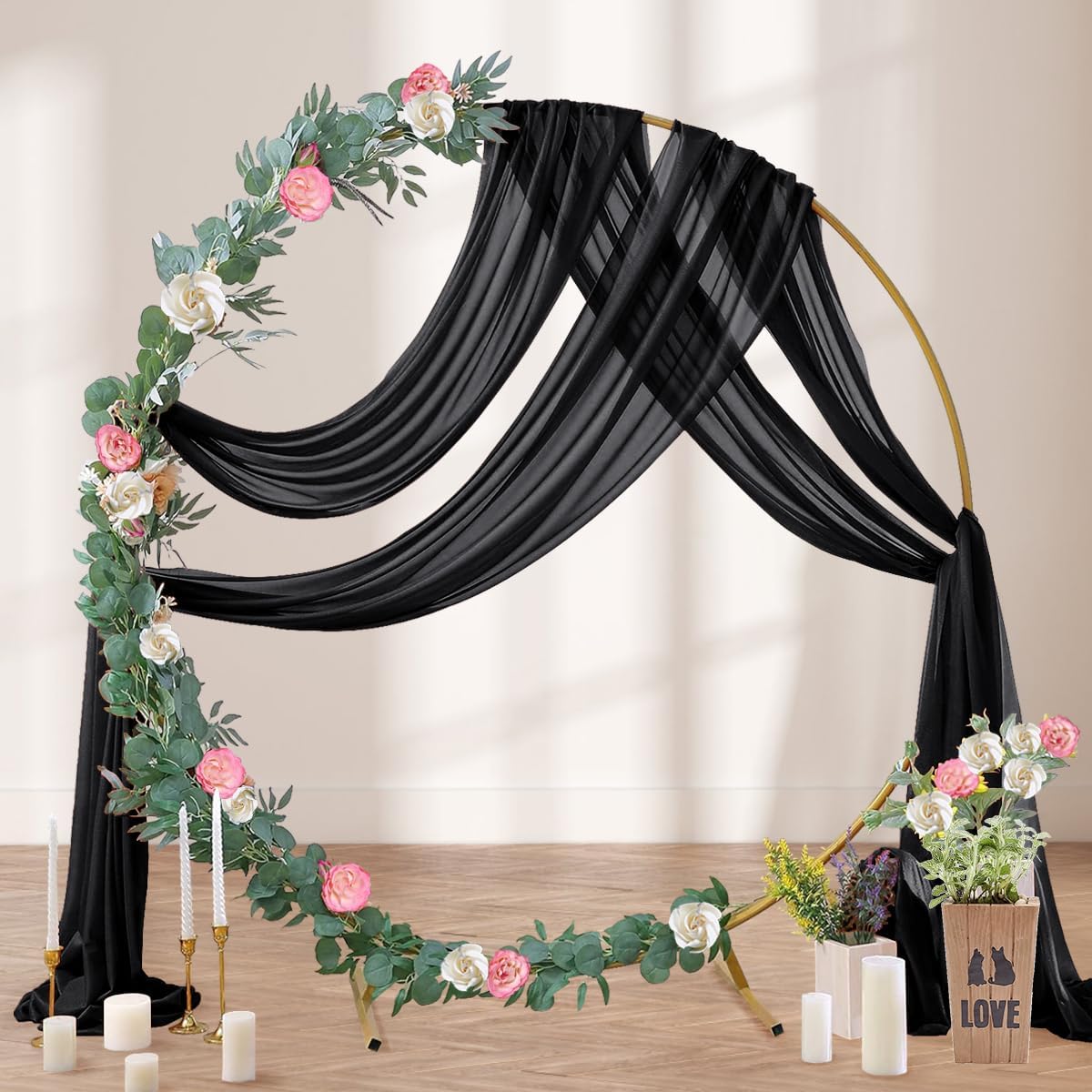 Black Wedding Arch Draping Fabric 2 Panels 29" x 20 FT Black Drapes for Backdrop Sheer Curtains Wedding Drapes for Romantic Bridal Baby Shower Ceremony Birthday Party Fall Outdoor Events