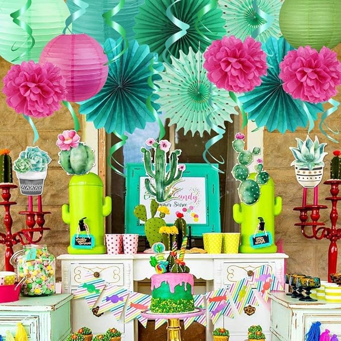 SUNBEAUTY Summer Party Decoration Hanging Cactus Swirls Paper Lanterns Paper Fans kit for Hawaiian Luau Party Tropical Party Baby Shower Birthday Party Supplies