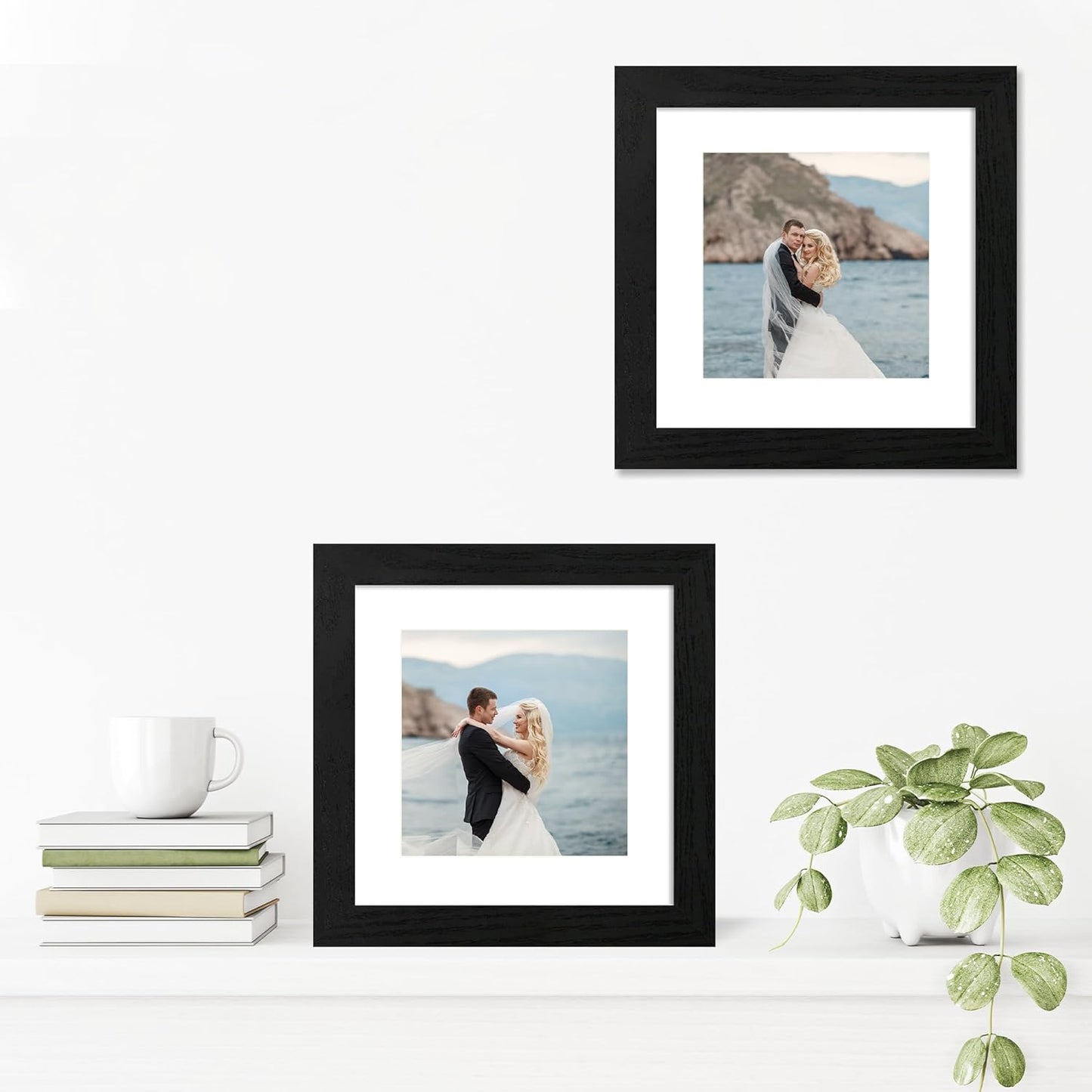 8x8 Picture Frames Set of 4 with High Definition Real Glass, Black Frames Display 6x6 Picture with Mat or 8x8 Without Mat, Wood Square 8 x 8 Photo Frame for Wall Mount and Tabletop Display