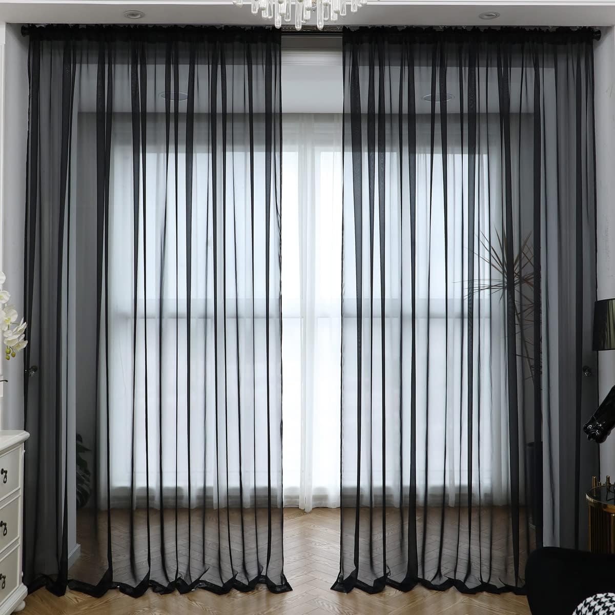 Window Black Sheer Curtains 90 Inches Long 2 Panels Sheer Curtain Basic Rod Pocket Panel for Bedroom Children Living Room Yard Kitchen (Black, 52" W x 90" L | 2 pcs)