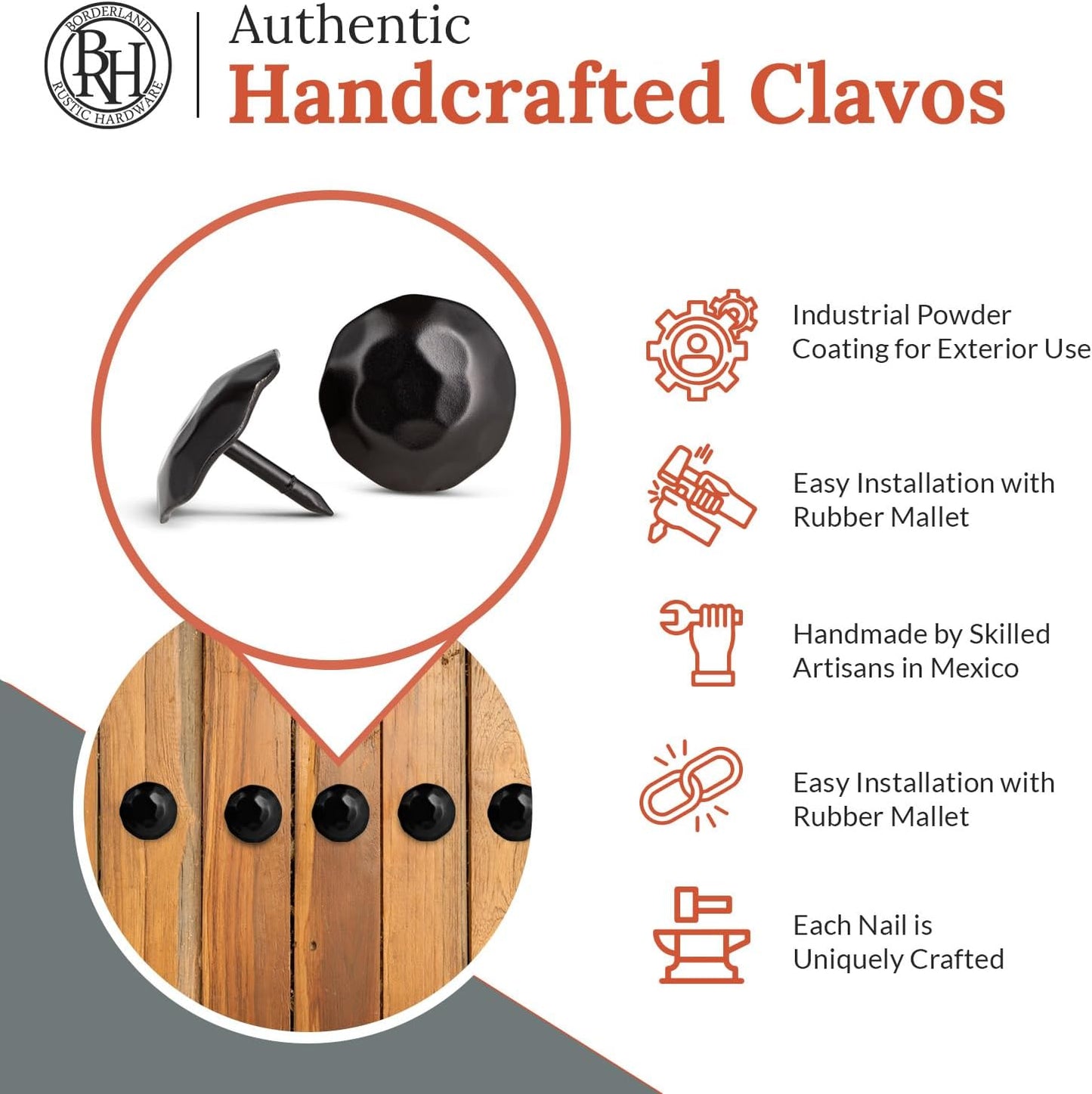 50 Pack 1.25" Round Head Iron Clavos Decorative Nails – Black – Handmade Rustic Round Fasteners for Farmhouse Shutters, Faux Wood Beams, Barn Doors, Shutters, Gates – Ornamental Wood Accent