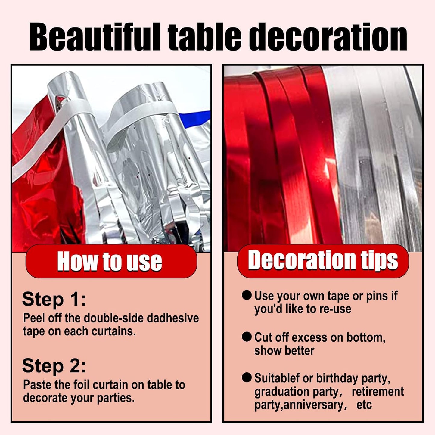 3 Pack 29 x108 Inch Red Silver Foil Fringe Table Skirts Metallic Banner for Tinsel Streamer Garland Backdrop for Parade Floats Wedding Thanksgiving Birthday Christmas New Year Party Decoration