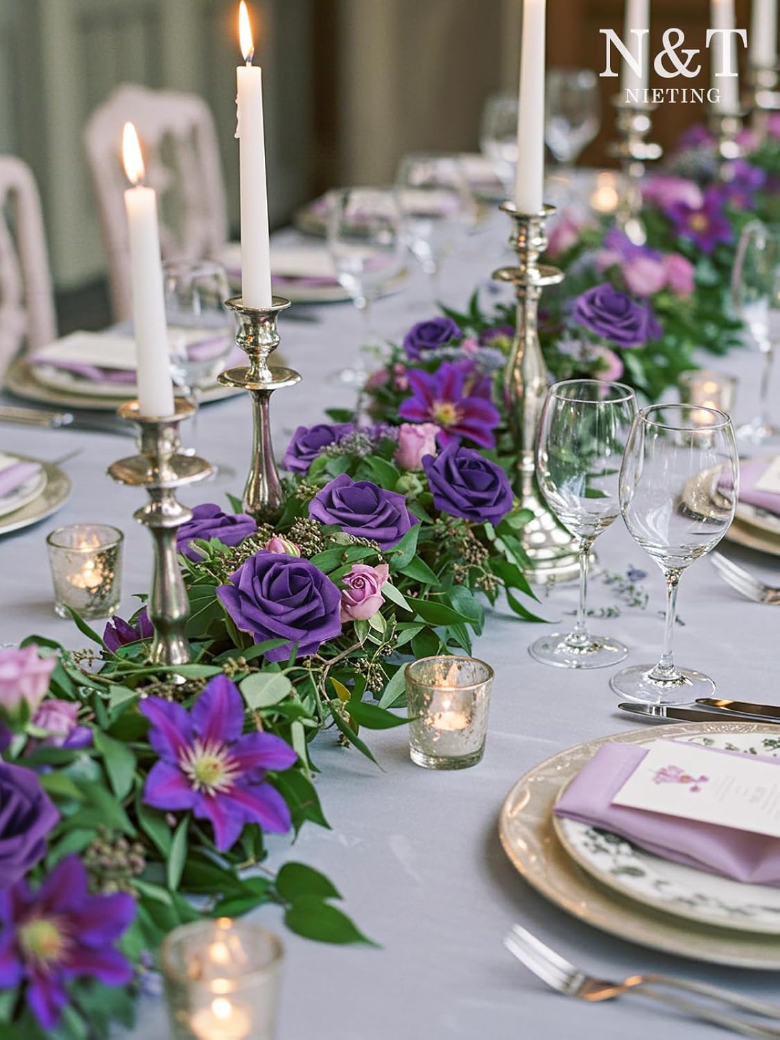 N&T NIETING Artificial Flowers, Fake Flowers Roses Perfect for DIY Wedding Bridal Bouquets Centerpieces Bridal Shower Party Home Flower Arrangement Halloween Flowers Decorations, 25Pcs, Dusty Purple