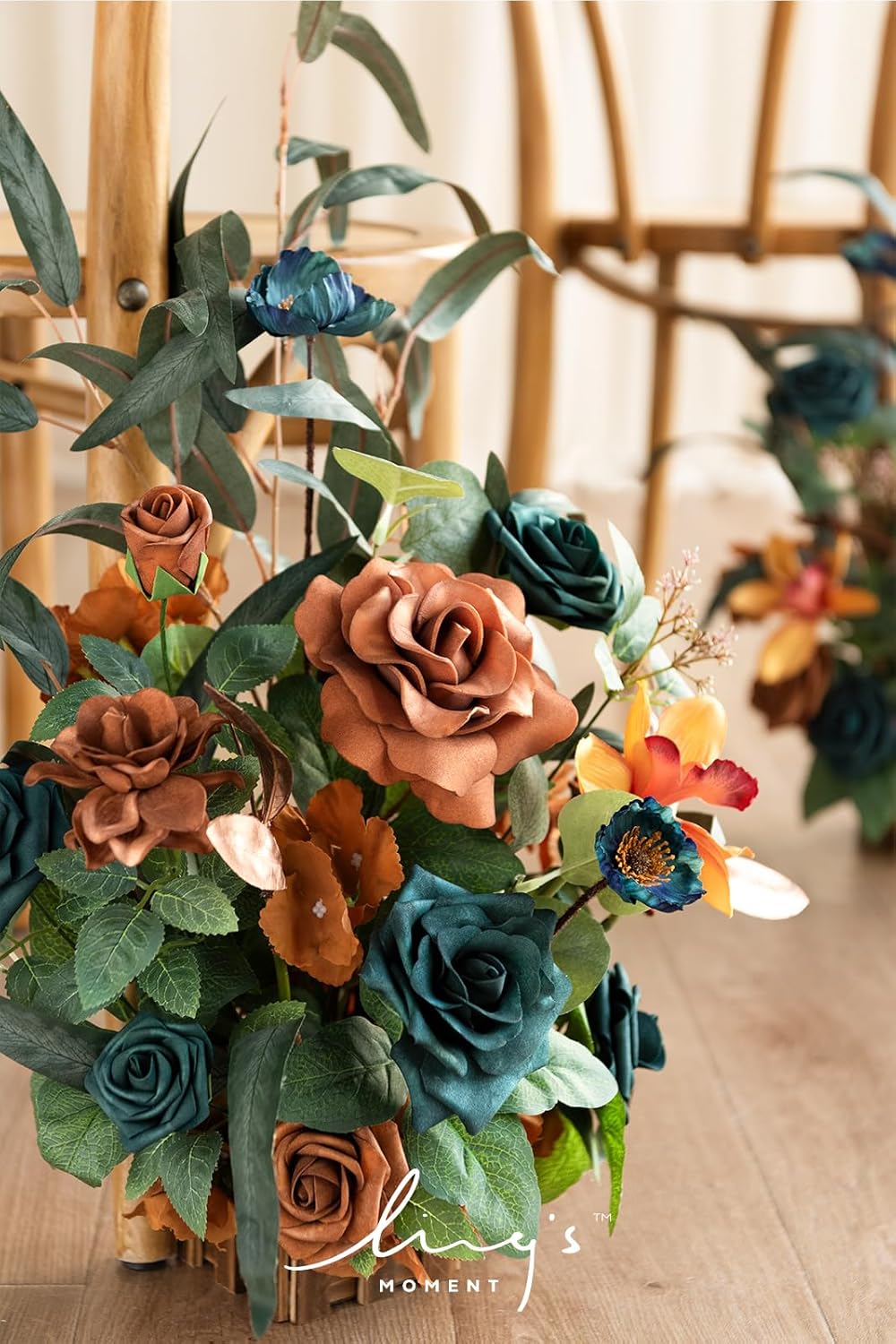 Ling's moment 17.5" Tall Standing Artificial Flowers Arrangements 4pcs Fall Wedding Aisle Runner Chair Decorations Teal Burnt Orange Centerpieces Ceremony Reception Rose Floral Party Outdoor