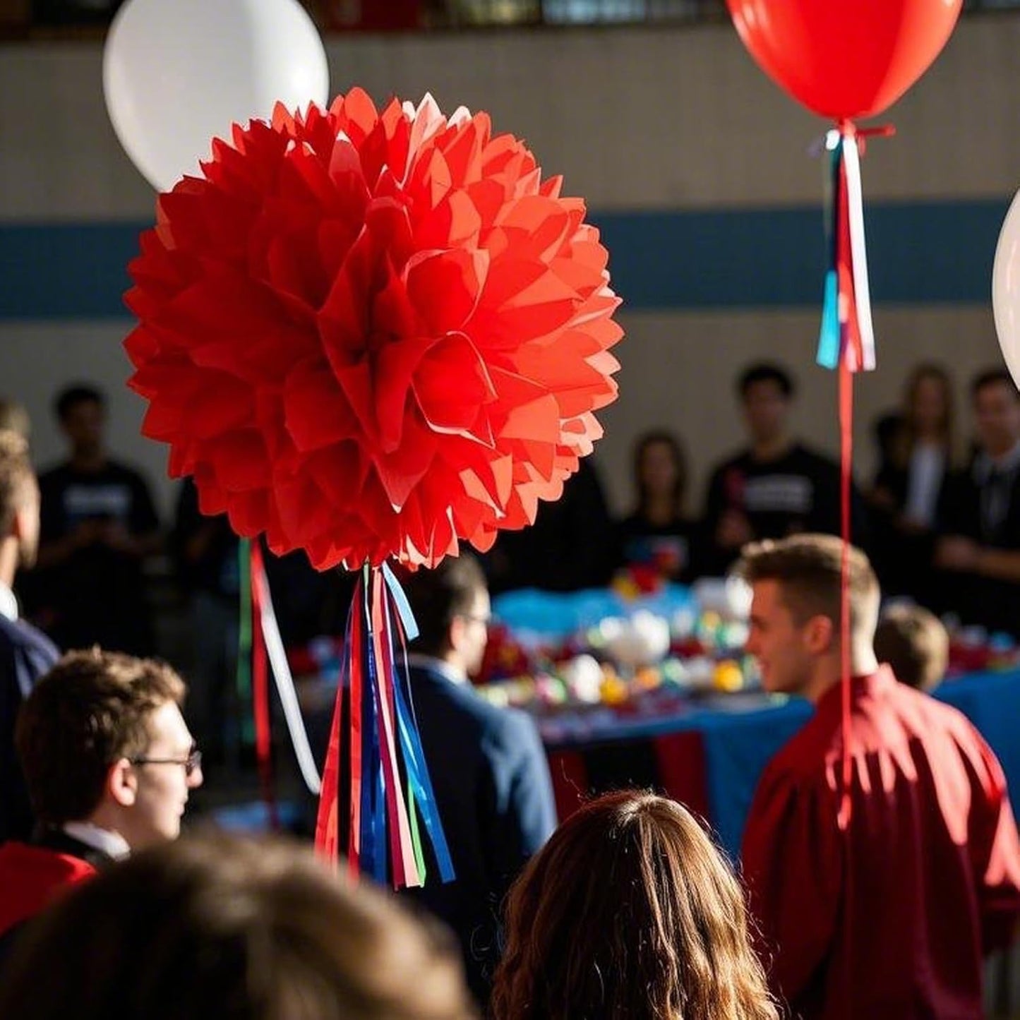 Capesaro Red and White Paper Pom Poms - 10",12" Tissue Pom Poms Decorations for Party Hanging Decor - 12 Piece Set