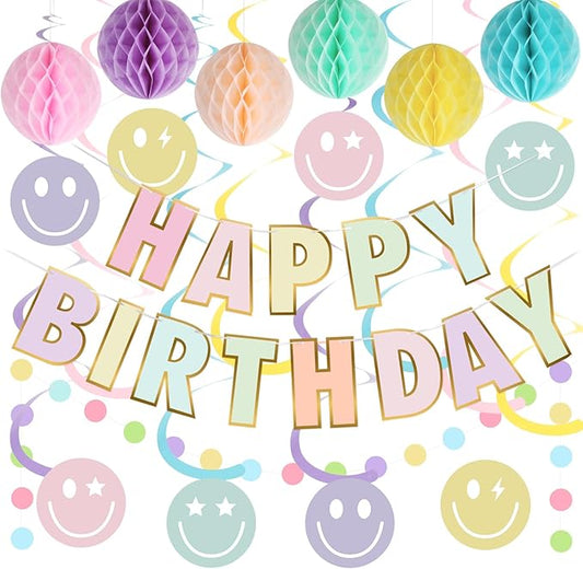 Birthday Decorations, NO DIY, Pre-Strung Happy Birthday Banner with Honeycomb Balls, Hanging Swirls, Circle Dots Garland, Happy Birthday Party Decorations for Women Men Boys Girls (Pastel)