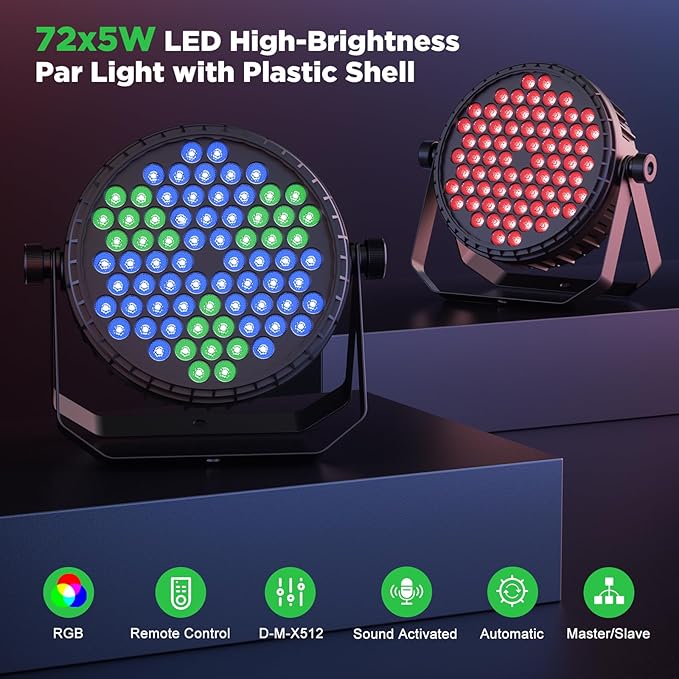 Stage Lights, 72X5W LEDs RGB LED Par Cans, Par Lights with Remote, DMX512, Sound Activated Control Modes, LED Uplights Party, Wedding, DJ, Event, 6 Pack