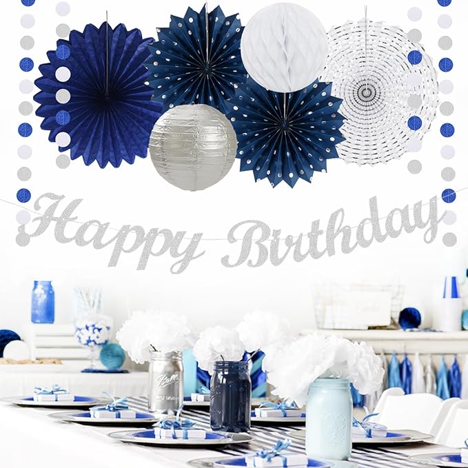 Navy-Blue White Sliver Birthday Party-decorations - 21pcs Men Boys Adult Happy Banner Garland, Royal Paper Streamers Lanterns,Flower Tissue Pom Poms Fan Supplies, Wall Backdrop Decor Huglony