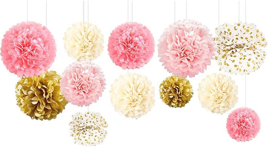 AOBKIAT Birthday Decorations for Girls Women,12PCS Pink Gold Tissue Paper Pom Poms,for Party,Wedding,Baby Shower,Bridal Shower,Princess Party