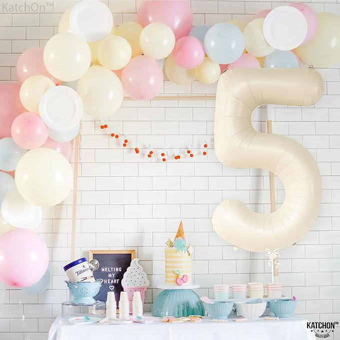 KatchOn, Gaint Cream White 5 Balloon Number - 40 Inch | 5 Birthday Balloon Decor | 5th Birthday Decorations for Boys | Creme Number 5 Balloon | 5 Year Old Balloon for 5th Anniversary Party Supplies