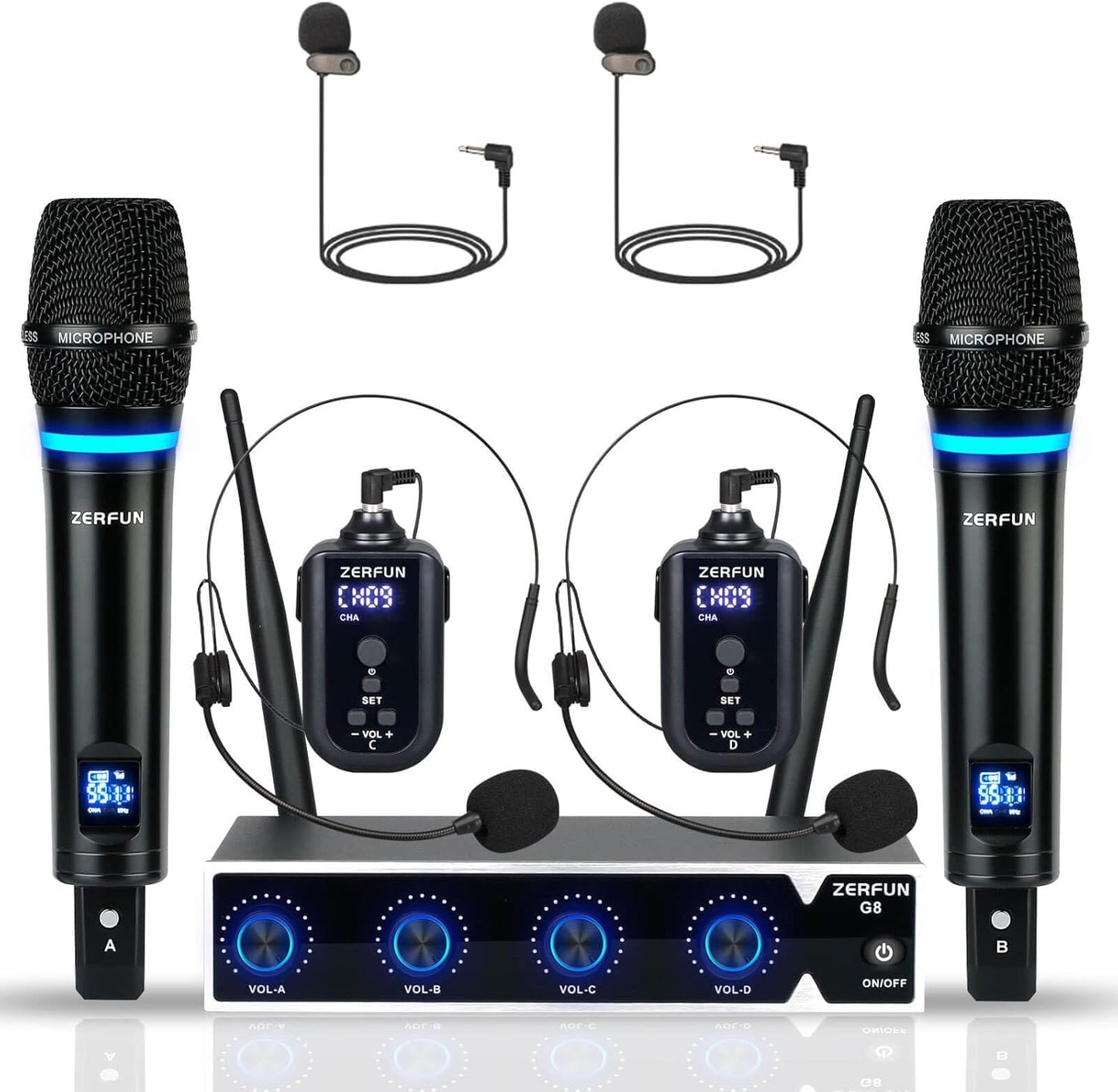 4 Channel Rechargeable Wireless Microphone System, Pro UHF Metal Handheld Headset Lavalier Lapel Cordless Mics for Karaoke Singing Church with VOL Control, 4x50 Adjustable Frequency(G8)