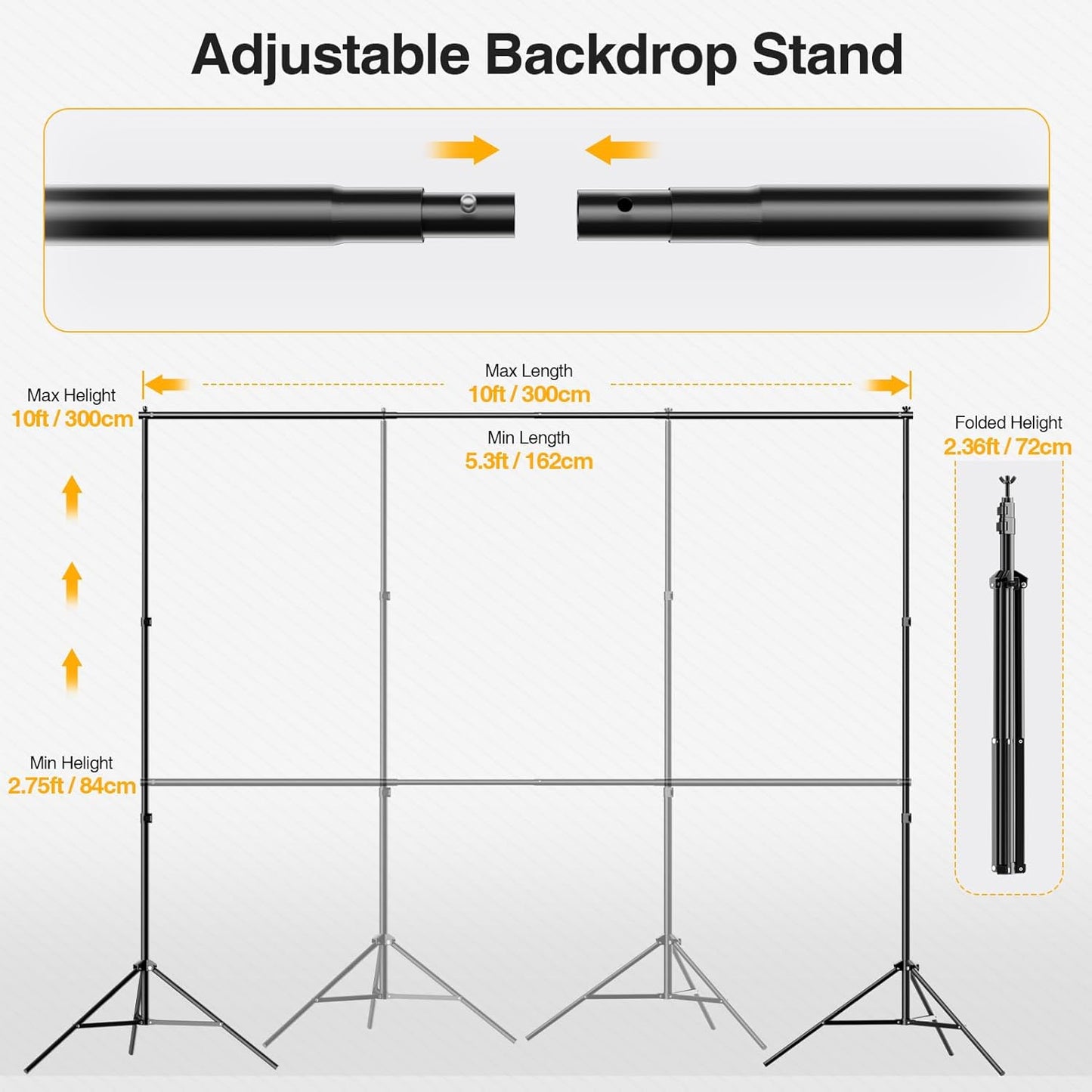 Backdrop Stand, Photo Video Studio 10 x 10FT Adjustable Backdrop Stand, Background Support System Kit with 2 Crossbars, 6 Clamps, 2 Sandbags and Carry Bag for Photography Parties Wedding