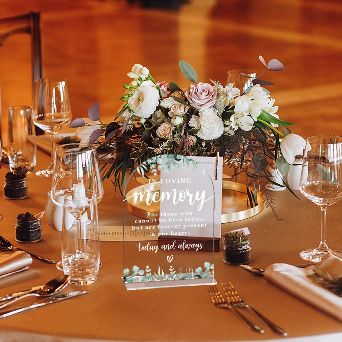 In Loving Memory Acrylic Wedding Sign Memory Table Sign Modern Calligraphy Arch Acrylic Table Top Signs for Wedding Reception and Event Party Decor (Eucalyptus Leaves)