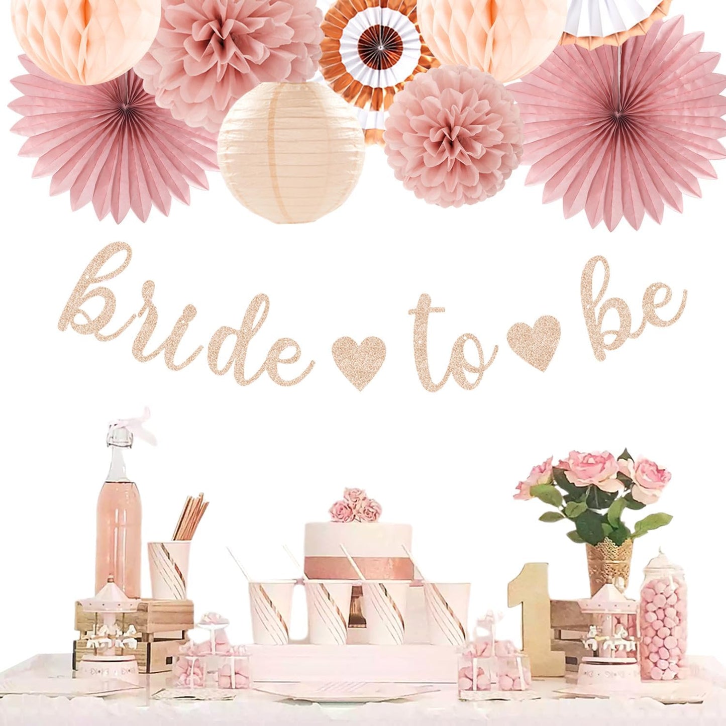 Blush-Pink Rose-Gold Bridal-Shower Party Decorations - 21pcs Bride to Be Sign Banner,Bachelorette Paper Lanterns Honeycomb,Wedding Streamers Garland,Fall Tissue Pom Poms Fans Decor Supplies Burgleda