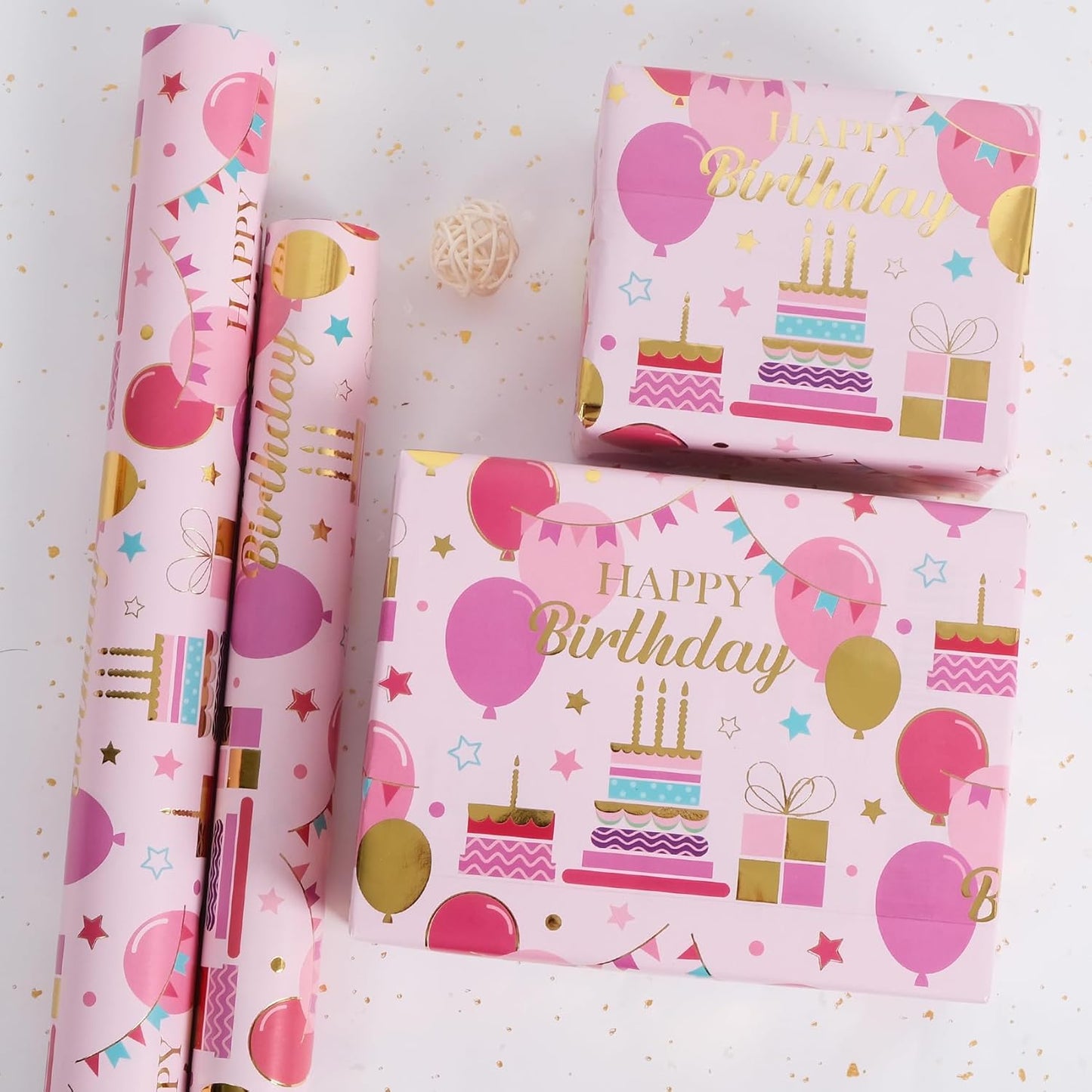 Aimyoo Pink Birthday Wrapping Paper Roll - 17 Inch X 32.8 Feet - Gold Foil Celebration Cake, Balloon, Happy Birthday Lettering Design Gift Wrap for Kids, Baby Showers