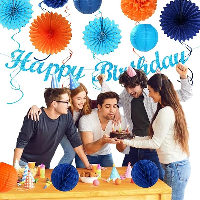 Orange Blue Men Birthday Decorations - 21pcs Happy Banner Garland,Bluey Paper Streamers Lanterns,Flower Tissue Pom Poms Fan Supplies,Hanging Wall Backdrop Party Decor Huglony