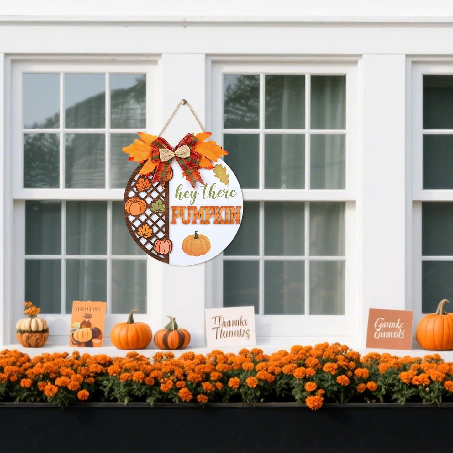 CHDITB Hey There Pumpkin Front Door Sign Wreath(12"x12"), Wooden 3D Hello Fall Autumn Decoration Wall Hanging, Rustic Welcome Home Decor Hanger for Porch Outdoor Thanksgiving