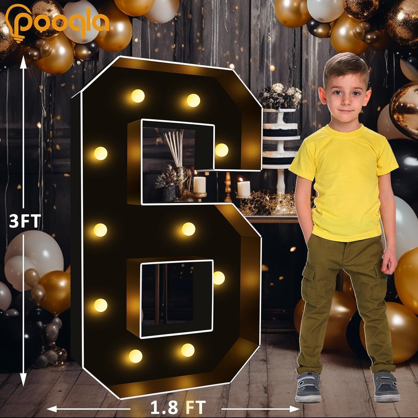 Pooqla 3FT Marquee Light Up Numbers, Black Lighted Party Decor for her him Women Men, Giant Mosaic Light Up Numbers for 6th 16th 60th Birthday Anniversary Decoration, Number 6