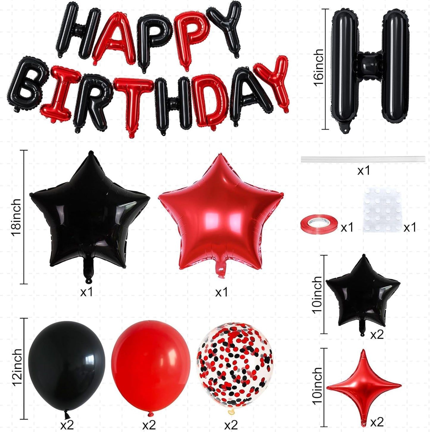 Happy Birthday Balloon Banner Red and Black, 16 Inch Mylar Foil Letter Balloons, Reusable Birthday Decorations with Black Red Balloons, Inflatable Party Supplies for Men Women Boys Girls Decoration