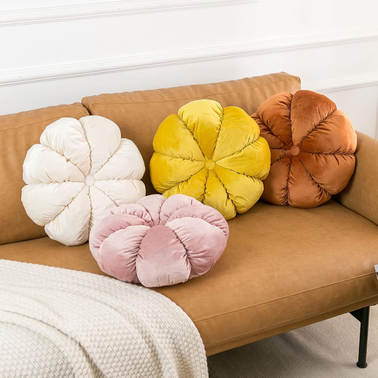Flower Pillow Cushion Round Decorative Throw Pillow for Couch Bedroom Flower-Shaped Floor Cushion for Girls Kids (Yellow, 15.7”)