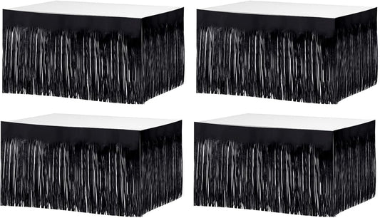 4 Pack 29x108 Inch Metallic Foil Fringe Tinsel Table Skirts for Rectangle Tables Streamer Curtains Backdrop for Halloween, Birthday, Parade Floats, Christmas Party Supplies(Black)