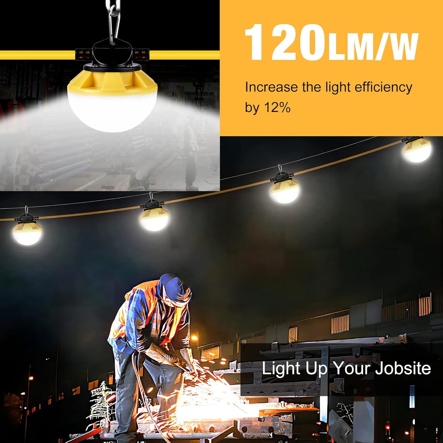 3-Prong 100FT Construction String Lights, IP65 Waterproof ETL Certified String Work Lights, 5000K Daylight 18AWG Wire Linkable Temporary Construction Lighting for Jobsite with 10 Bulbs & Hooks