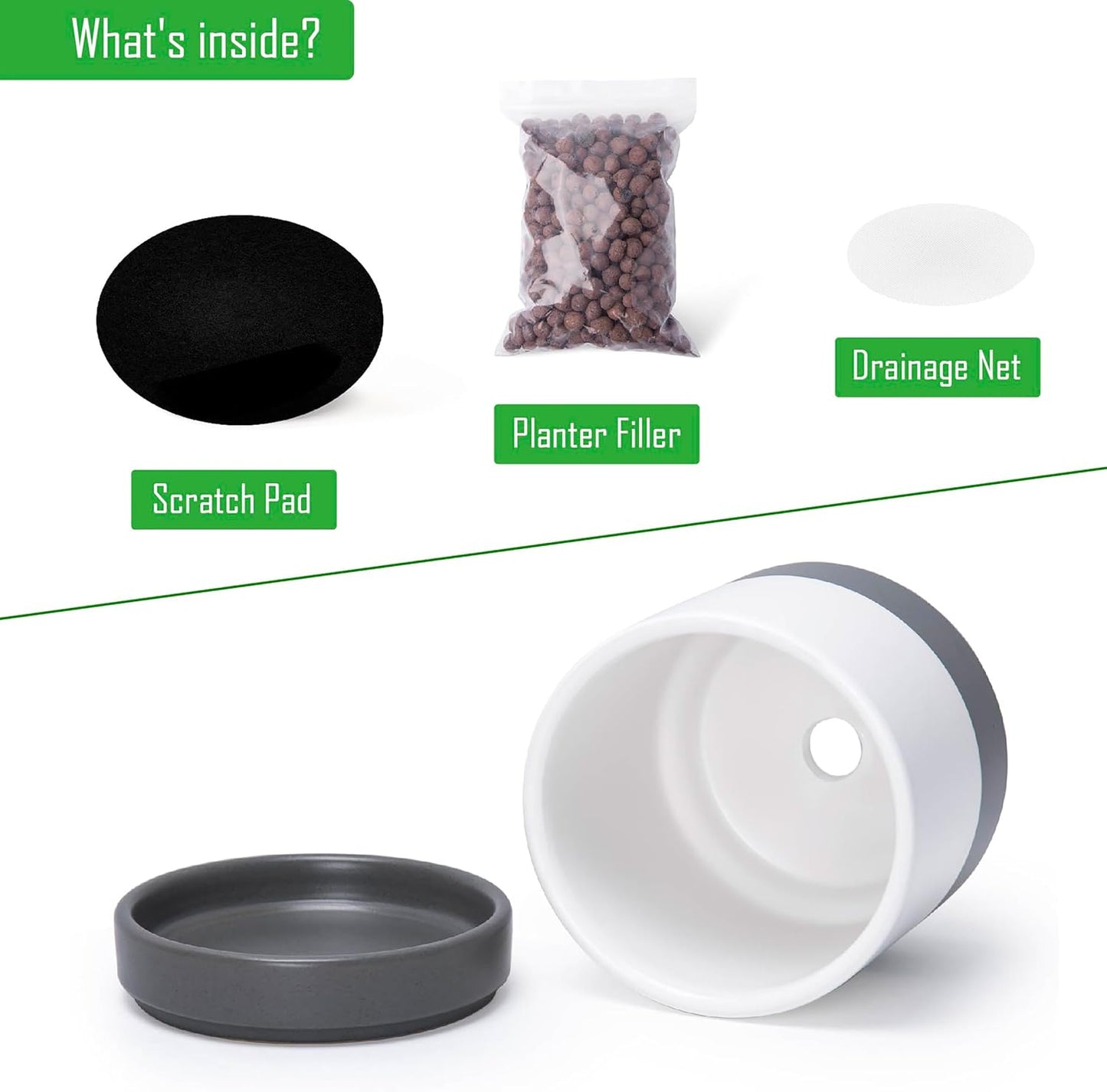 D'vine Dev Set of 4 Small Ceramic Plant Pots, 4.7 Inch Succulent Planter Pot for Plants with Drainage Hole and Saucer, White/Speckled Grey, 94-X-B-6