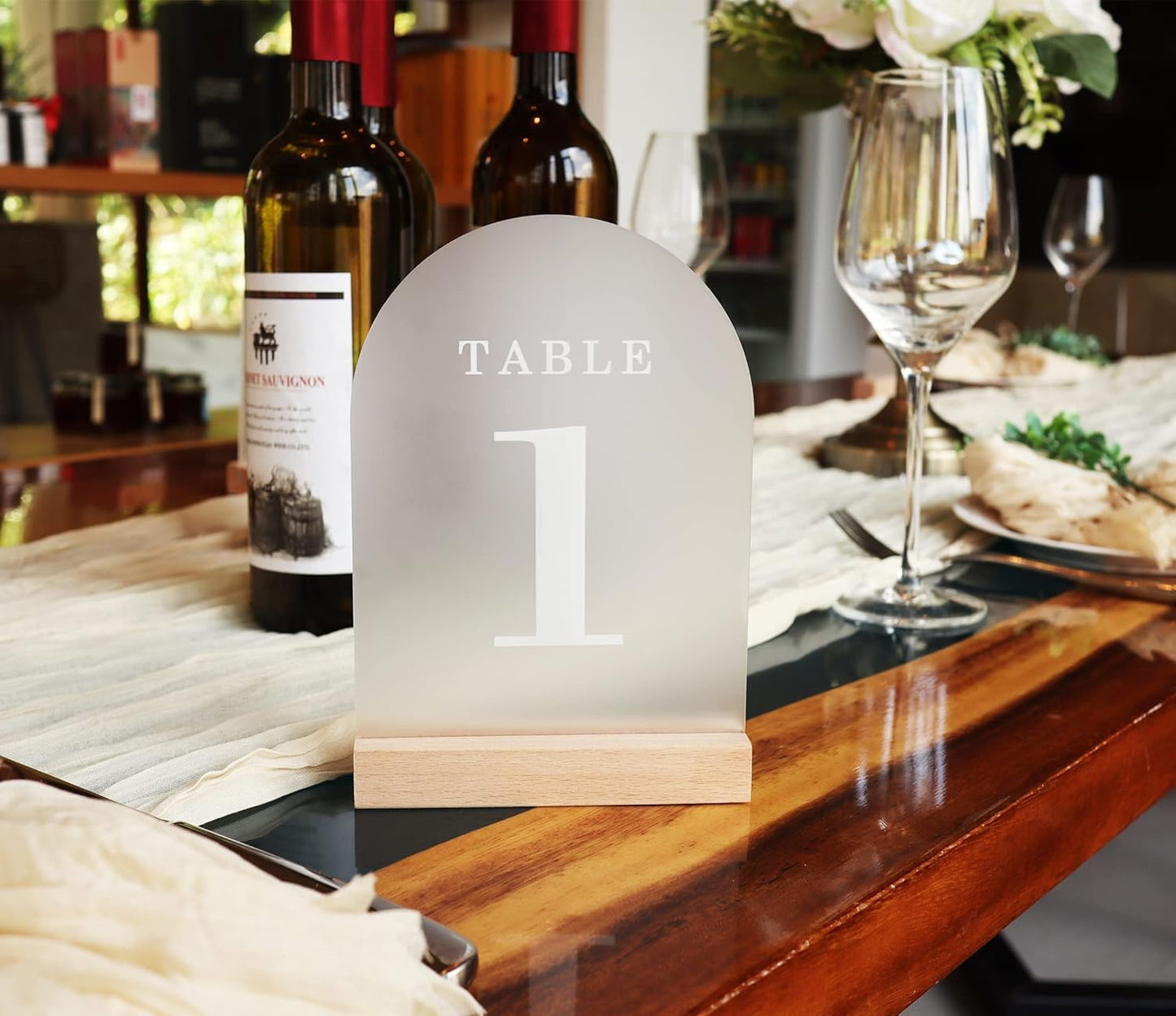 Wedding Table Numbers 1-30, Acrylic Arch Signs with Natural Wood Stands Holders, Rustic Table Decor for Reception & Parties (Frosted White)