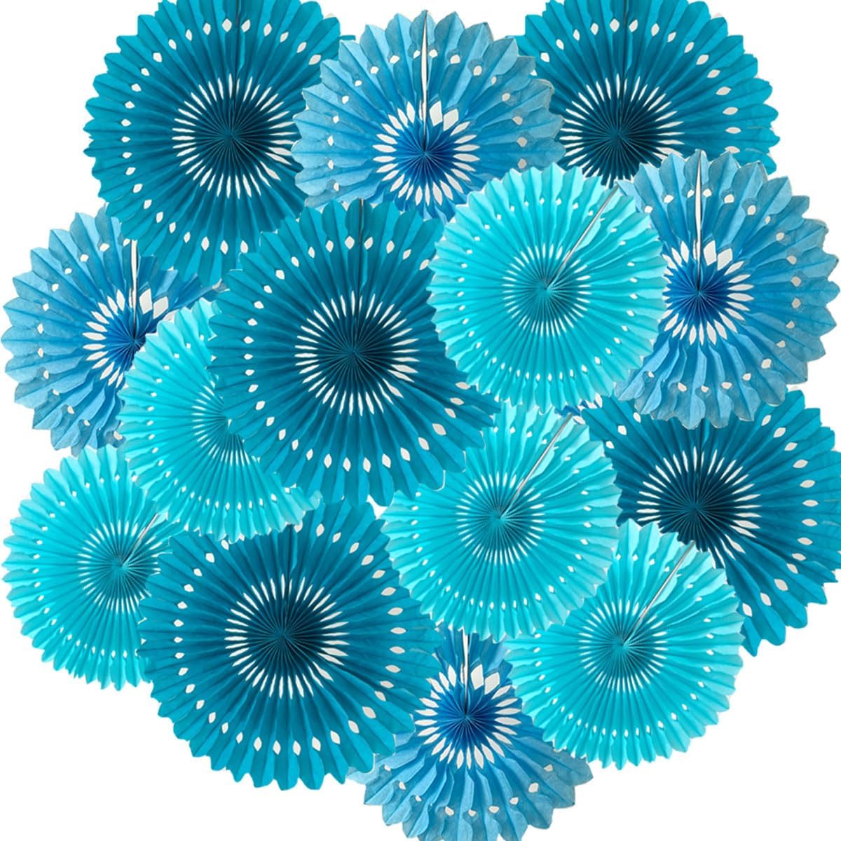 15pcs 10'' 12'' 14'' Paper Fans Decorations Round Tissue Paper Fans Hanging Paper Fans Set Party Paper Honeycomb Fans Decorations for Party Birthday Wedding Events, Green+blue