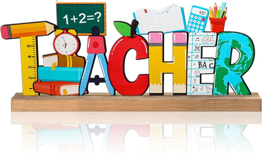 Back to School Metal Sign Teacher Appreciation Table Decor Holiday Tiered Tray Decor with Wooden Base Freestanding Metal Word Sign for Home Tabletop Centerpiece Mantel Shelf Fireplace