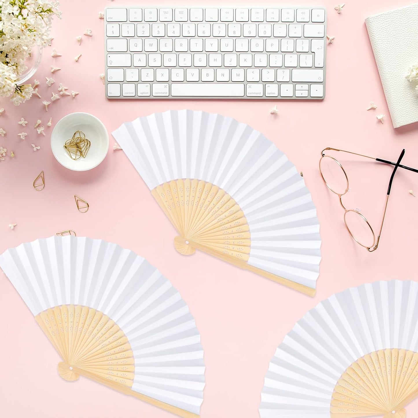 24 Pieces White Hand Held Bamboo Folding Fans Paper Fans Handheld for Women Foldable Girls Wedding Decoration Church Home Party Favors Summer