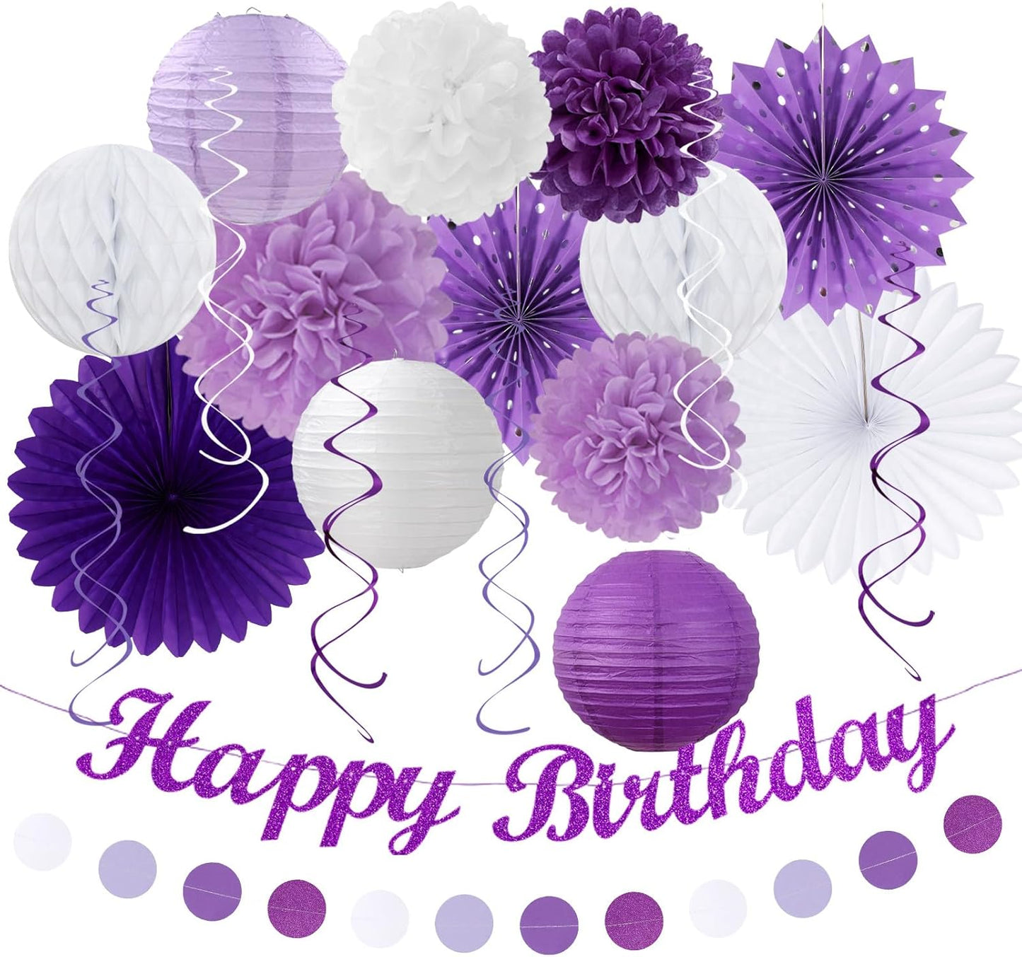 Purple Lilac-Lavender White Women Birthday Party-Decorations - 21pcs Happy Banner,Paper Lanterns,Tissue Pom Poms Flower Fan,Honeycomb Ball,Hanging Streamers Garland, Girls Decor Supplies Huglony