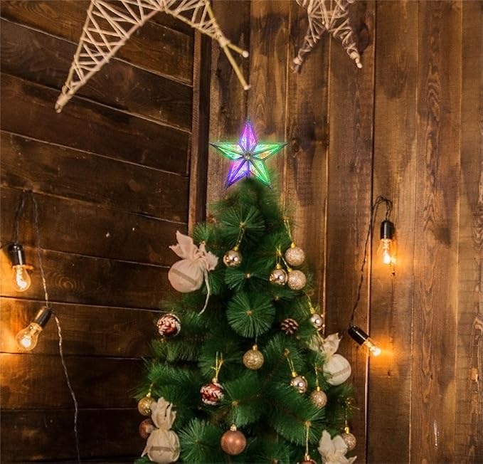 Star Christmas Tree Topper, 8in UL Listed 3D Star Tree Topper Lights, Double Sided Christmas Tree-top with 10 LED Multicolor Lights for Xmas Tree New Year Home Decor, Silver